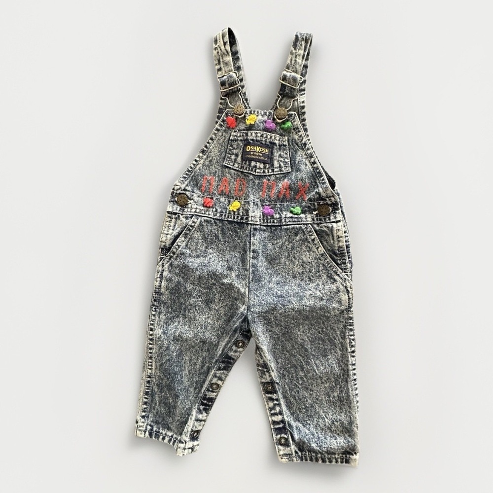 Vintage OshKosh B'gosh Acid Wash Shortalls‎ 18 Month Mad Max Studded Denim Retro